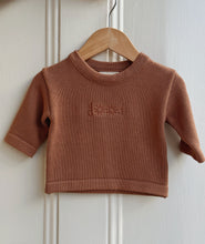 Load image into Gallery viewer, Cinnamon Cotton Baby Jumper – “Good” Embroidery with Sun Detail
