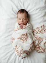 Load image into Gallery viewer, Organic Muslin & Bamboo Baby Swaddle – Large Leaves Autumn Print (120x120 cm)