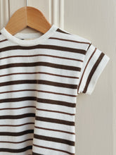 Load image into Gallery viewer, Espresso striped organic romper – gender-neutral summer babywear