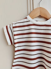 Load image into Gallery viewer, Rust stripe baby romper in organic cotton – warm tones on ecru base