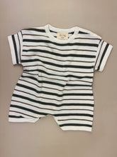 Load image into Gallery viewer, Espresso stripe baby romper – ecru background with deep brown tones