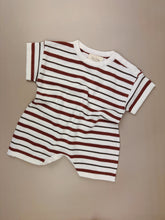 Load image into Gallery viewer, Rust stripe organic cotton baby romper – short sleeve flat lay