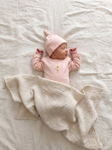 Load image into Gallery viewer, Newborn wearing pink organic cotton chick embroidered bodysuit and matching knotted hat