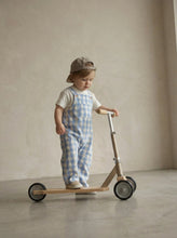 Load image into Gallery viewer, Toddler wearing blue gingham dungarees and white t-shirt with embroidered pigeon detail