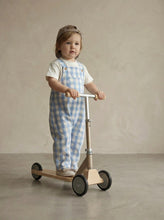 Load image into Gallery viewer, Front view of blue gingham dungaree set paired with embroidered pigeon t-shirt