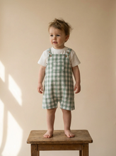 Load image into Gallery viewer, Child wearing green gingham dungaree set with embroidered skateboarding dog t-shirt while standing on wooden stool