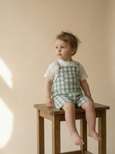 Load image into Gallery viewer, Child sitting on wooden stool wearing green gingham dungaree set with embroidered skateboarding dog t-shirt