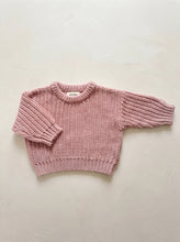 Load image into Gallery viewer, Flat lay of a dusty rose oversized chunky knit baby jumper made from 100% cotton with textured knit and ribbed details.