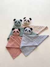 Load image into Gallery viewer, Four soft organic muslin panda baby comforters grouped together in pink, sage green, blue and beige
