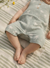 Load image into Gallery viewer, Close-up of sage palm print organic cotton muslin romper showing fabric detail