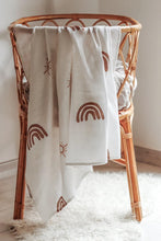 Load image into Gallery viewer, Organic Muslin & Bamboo Baby Swaddle – Rainbow & Sun Print (120x120 cm)