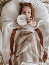 Load image into Gallery viewer, baby lying under knit rainbow blanket – soft and comforting