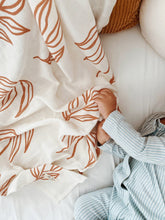 Load image into Gallery viewer, Organic Muslin & Bamboo Baby Swaddle – Large Leaves Autumn Print (120x120 cm)