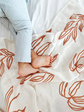 Load image into Gallery viewer, Organic Muslin & Bamboo Baby Swaddle – Large Leaves Autumn Print (120x120 cm)