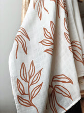 Load image into Gallery viewer, Organic Muslin & Bamboo Baby Swaddle – Large Leaves Autumn Print (120x120 cm)