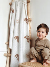 Load image into Gallery viewer, Organic Muslin & Bamboo Baby Swaddle – Rainbow & Sun Print (120x120 cm)