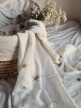 Load image into Gallery viewer, Organic Muslin & Bamboo Baby Swaddle – Stars & Moon Watercolour Print (120x120 cm)