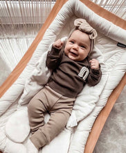 Load image into Gallery viewer, joyful baby in brown rainbow outfit – organic ribbed two-piece set