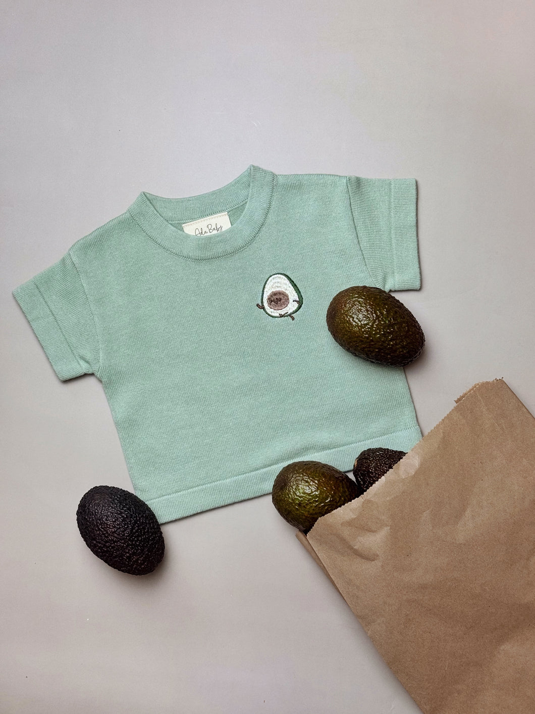 sage green baby and kids t-shirt with embroidered avocado – 100% cotton knit