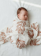 Load image into Gallery viewer, Organic Muslin &amp; Bamboo Baby Swaddle – Large Leaves Autumn Print (120x120 cm)
