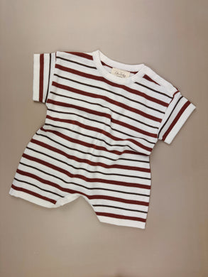 Rust stripe organic cotton baby romper – short sleeve flat lay