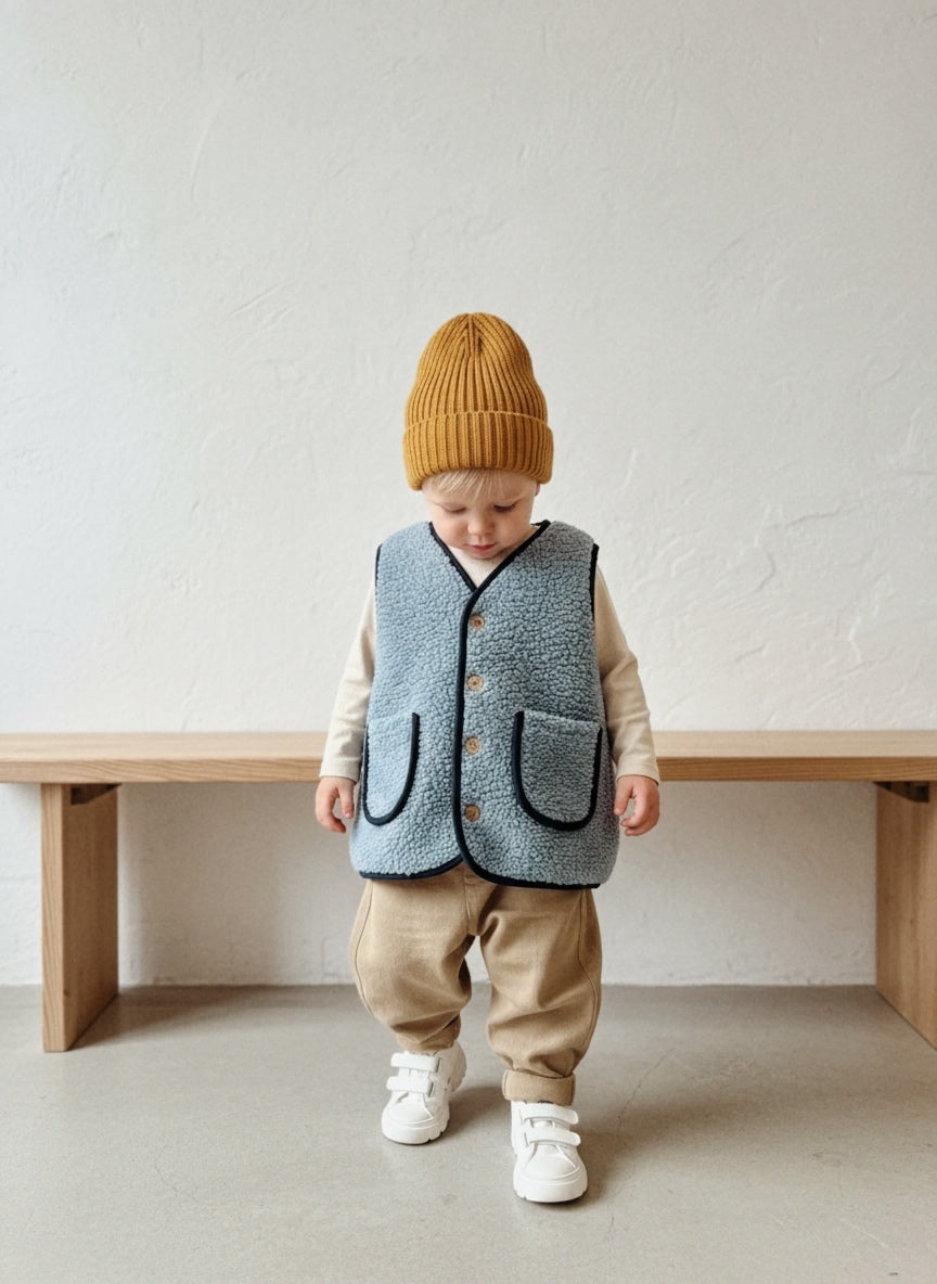 Oversized Sheepskin-Look Baby Gilet – Off-White & Light Blue