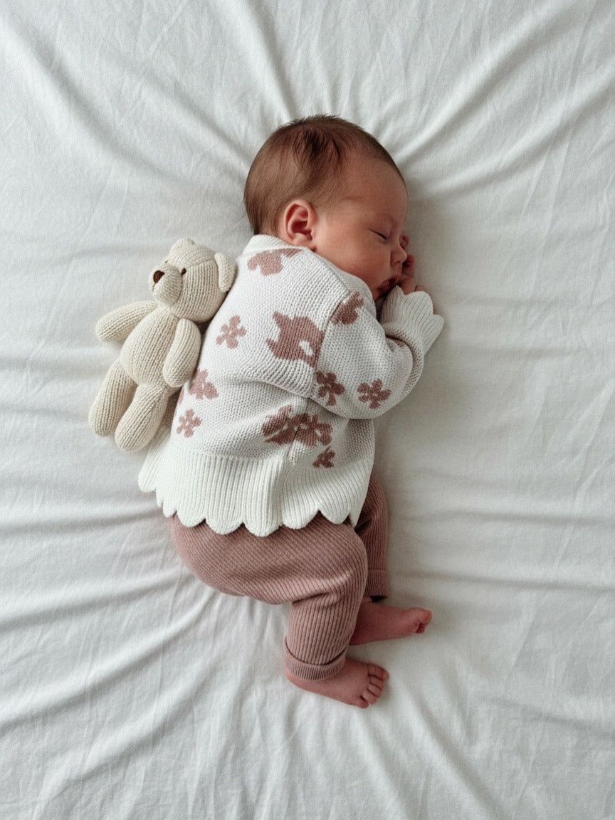 Cotton Knit Baby Jumper with Floral Pattern – Off-White & Pink