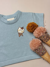 Load image into Gallery viewer, close-up of bear ice cream embroidery on soft blue cotton knit fabric
