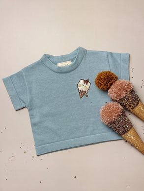 light blue baby and kids t-shirt with embroidered bear ice cream – 100% cotton