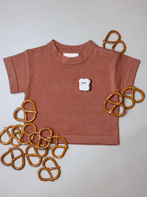 brick red baby and kids t-shirt with toast embroidery – 100% cotton knit
