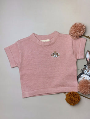 soft pink cotton baby and kids t-shirt with embroidered moth – lightweight summer top
