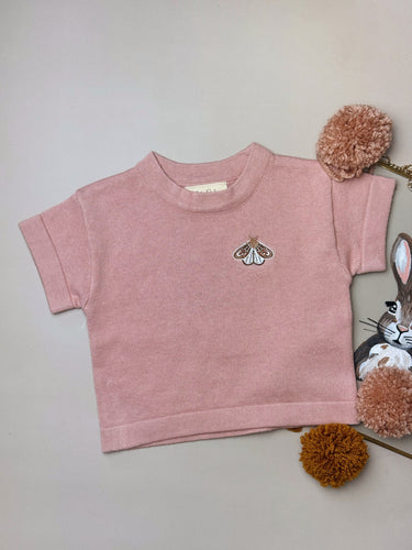 soft pink cotton baby and kids t-shirt with embroidered moth – lightweight summer top
