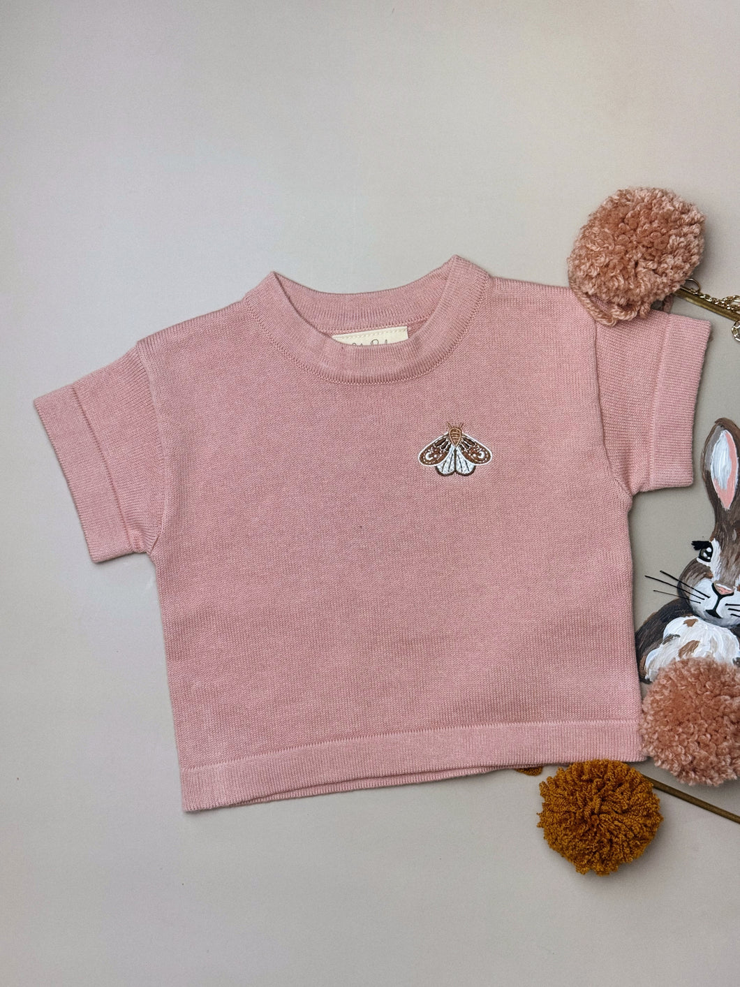soft pink cotton baby and kids t-shirt with embroidered moth – lightweight summer top
