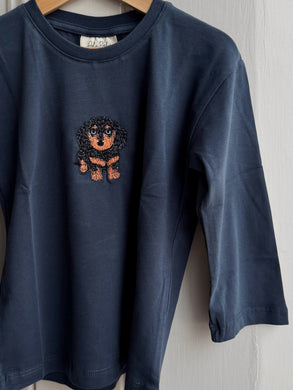 Navy blue cotton baby top with embroidered Dachshund dog