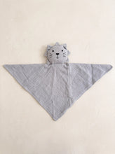 Load image into Gallery viewer, Blue organic cotton muslin baby comforter with an embroidered lion face and soft fabric mane, laid flat\.
