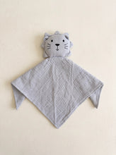 Load image into Gallery viewer, Blue lion baby comforter with organic cotton muslin fabric draped beneath the embroidered lion head\.
