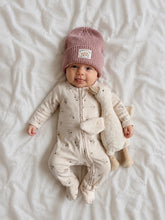 Load image into Gallery viewer, Baby wearing a dusty pink cotton knit beanie with folded cuff, soft breathable winter hat for babies.
