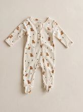 Load image into Gallery viewer, Highland cow print footed zip-up baby onesie in soft organic cotton
