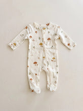 Load image into Gallery viewer, Mushroom print organic cotton baby zip sleeper with long sleeves and footed design, laid flat on a warm neutral background.
