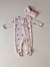 Load image into Gallery viewer, Pink floral organic cotton baby sleepsuit with frill detail and matching headband

