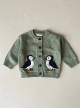 Load image into Gallery viewer, Sage green 100% cotton baby and toddler knit cardigan featuring two puffins and wooden buttons.
