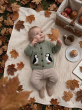 Load image into Gallery viewer, Baby wearing a sage green 100% cotton puffin knit cardigan during an autumn picnic.

