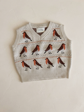 Load image into Gallery viewer, Cream 100% cotton baby and toddler knit vest featuring an all-over robin bird design and a classic V-neck.
