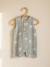 Load image into Gallery viewer, Lightweight organic cotton muslin romper with sage palm print hanging on wooden hanger

