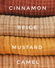 Load image into Gallery viewer, Organic cotton muslin baby blanket colour options in cinnamon beige mustard and camel
