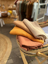 Load image into Gallery viewer, Organic cotton muslin baby blankets in cinnamon camel beige and mustard tones
