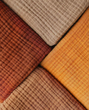 Load image into Gallery viewer, Organic cotton muslin baby blankets in cinnamon camel beige and mustard colours

